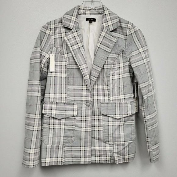 AFRM Jackets & Blazers - AFRM Lila Gray Pink Plaid Cotton Blend Denim Blazer XS lined